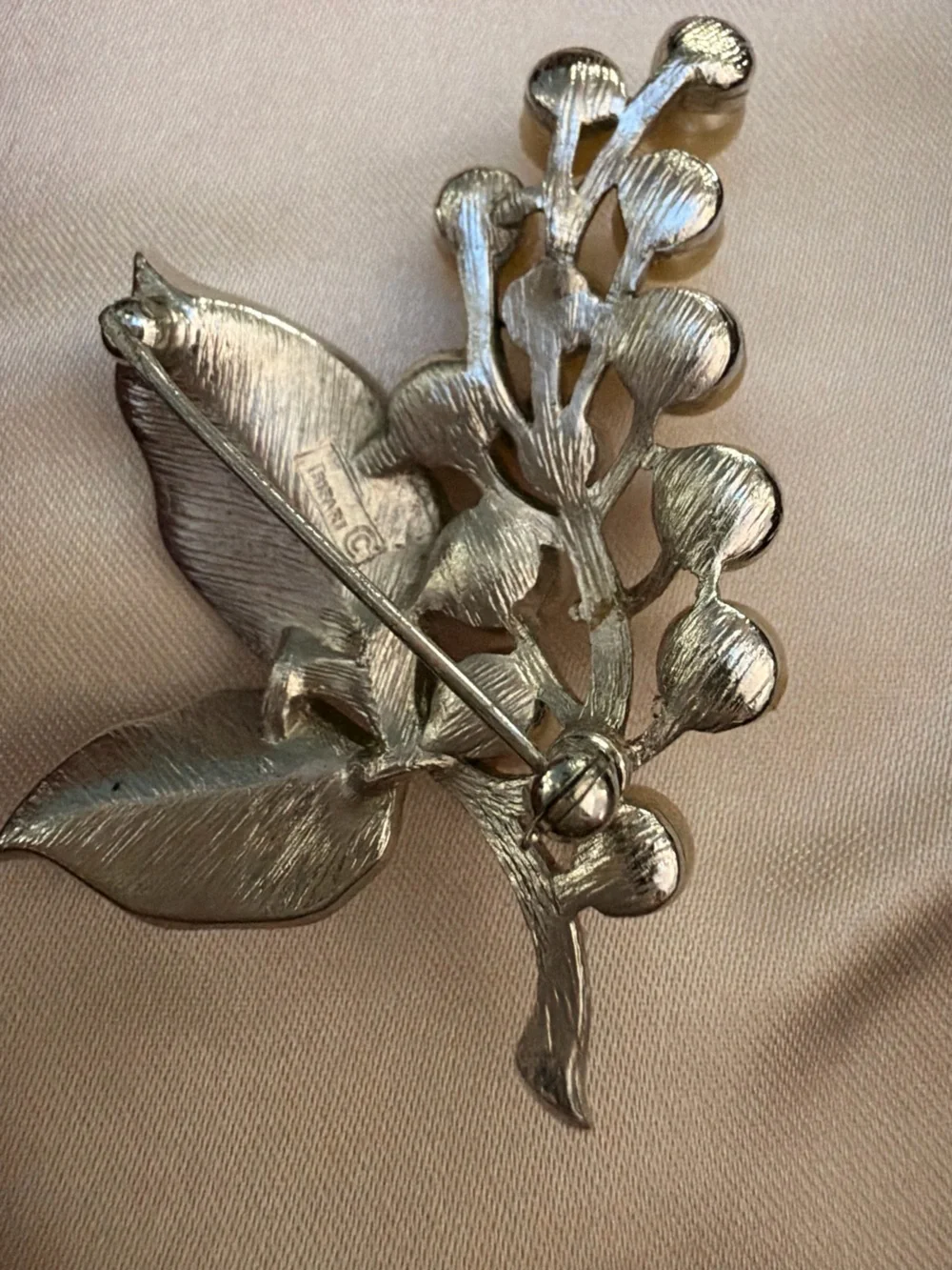 Signed Crown Trifari Silver Faux Pearl Grape Cluster Brooch Pin